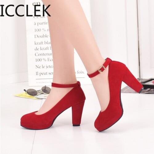 Ankle Strap High Heels Sweet Womens Pumps Flock Woman Thick Platform Mary Jane Women Party Shoes Buckle Ladies Footwear A040