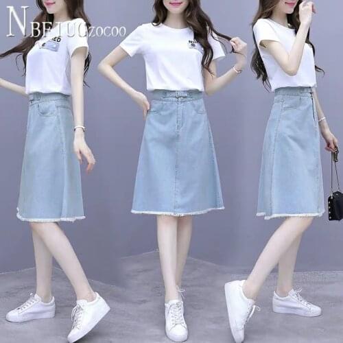 2020 Summer New Korean Women Sets T Shirt And Denim Skirt Female Sets