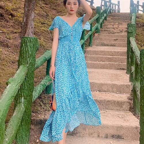 Summer Long Bohemian Korean Runway 2021 Party Dress Tropical Beach Vacation Sundress Floral Print Blue Women Backless Maxi Dress