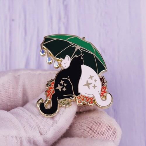 Umbrella Snuggling Cats Pin Black and White cat Surrounded By Fallen Leaves Brooch Fabulous Autumnal Themed Badge