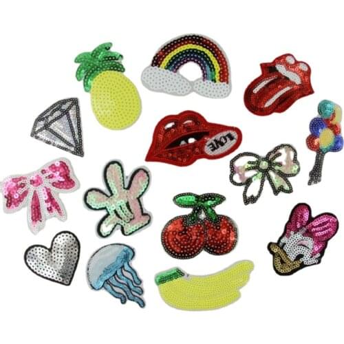 100 Pcs/lot Sequined Patches Clothing DECORATION Cherry Banana Pineapple Lip Rainbow Jellyfish Sewing Crafts Diy