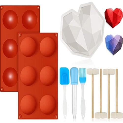 3D Diamond Heart Shape Silicone Mold Half Ball Round Cake Mould Mini Wooden Hammers Half Round Cake Mold Silicone Cake Decor