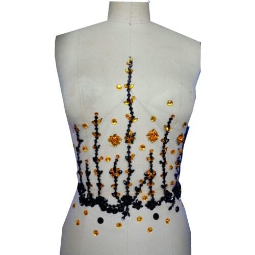 A113 Handmade black/golden colour crystal patches sew on trim Rhinestones applique with stones sequins beads 32*32cm FOR DRESS