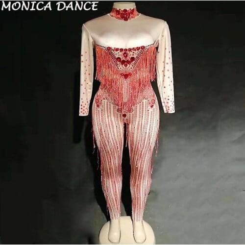 Women Sexy Stage Tassel Red Jumpsuit Big Glass Sparkling Crystal Bodysuit Nightclub Party Stage Wear Singer Dance Bling Jumpsuit
