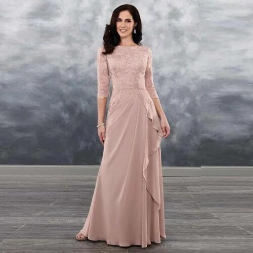 Elegant Mother Of The Bride Dresses Chiffon Pleat Appliques Bateau Three Quarter Sleeve Zipper A-Line Gowns Novia Do 2021