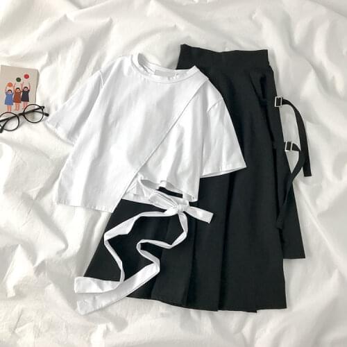 Summer suit female student Korean version of irregular bandage short-sleeved t-shirt mid-length skirt two-piece suit vintage y2k