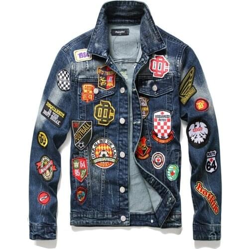 European and American Badge Embroidery Denim Jacket Trendy Male Punk Personality Slim Fit Jean Coat Fashion Mens Cotton Jackets