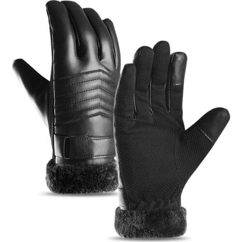 Men windproof riding leather glove winter Outdoor warm fur thickening thermal patchwork gloves waterproof touch screen gloves