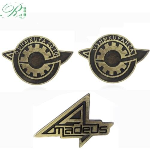 RJ New Steins Gate Brooches The Fate of The Stone Letter OSHMKUFA Amadeus Bronze Badge Pins Men Game Cosplay Jewelry Xmas Gift