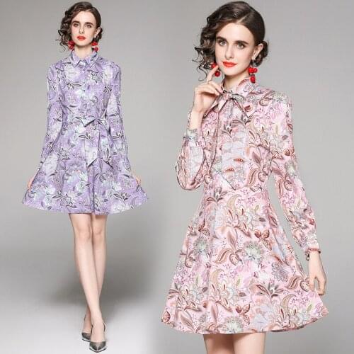 WTIANYUW 2021 New Elegant Dress Printed Long Sleeves High Waist Slim Summer Pink Purple Mini Length Womens Clothing