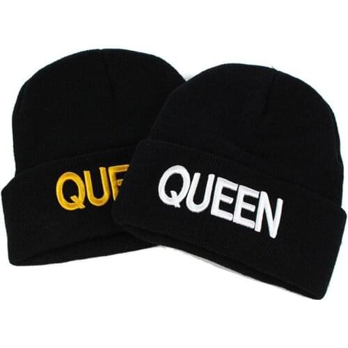 Cotton King Queen Letter Embroidery Thicken Knitted Hat Winter Warm Hat Skullies Cap Beanie Hat for Men and Women 38