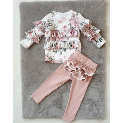 Toddler Baby Girl Casual Clothes Tracksuit Floral T-Shirt Ruffle Lace Pants Outfits Sweet Kids Girls Spring Suit