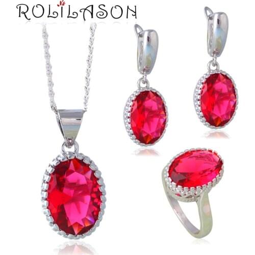 ROLILASON Stamped silver plated Red Zircon Neck Set Cubic Zirconia for Women Party Gift Jewelry Sets JS648