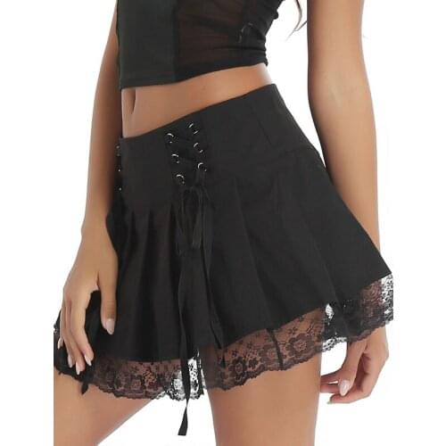 Sexy Lace-Up Gothic Y2K Pleated Skirt Woman School Girls Punk Style Dark Aesthetic Vintage 90s Streetwear Black Dance Miniskirts