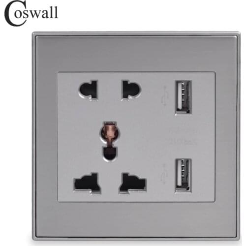 Coswall Stainless Steel Panel Universal Wall Socket 2.1A USB Charger 2 Ports USB Outlet Power Charger For Phone Grey / Gold