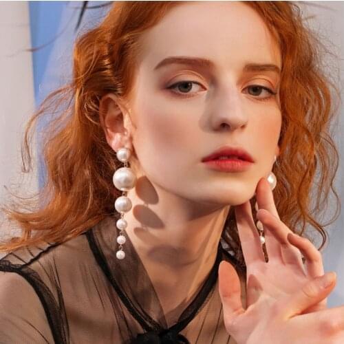 Trendy Elegant Created Big Simulated Pearl Long Earrings Pearls String Statement Drop Earrings For Women Wedding Party Gift