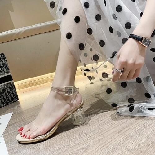 Women Sandals PVC Jelly Fashion Sexy Clear Pumps Summer Transparent Crystal Mid-heel Chunky Beach 5CM High Heels Female Shoes