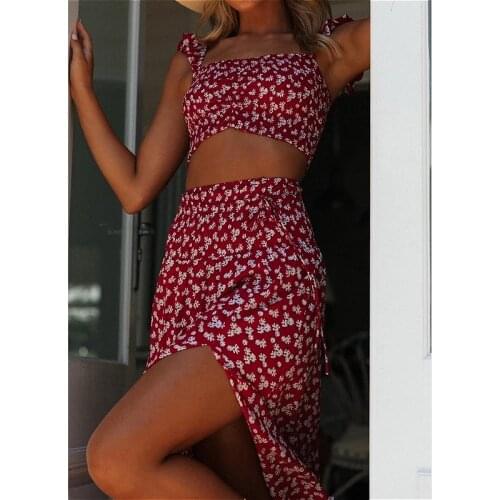 Women Two Piece Sets 2021 Summer Boho Floral Skirts Sets Ladies Sleeveless V Neck Tank Crop Tops and Split Maxi Skirt Harajuku