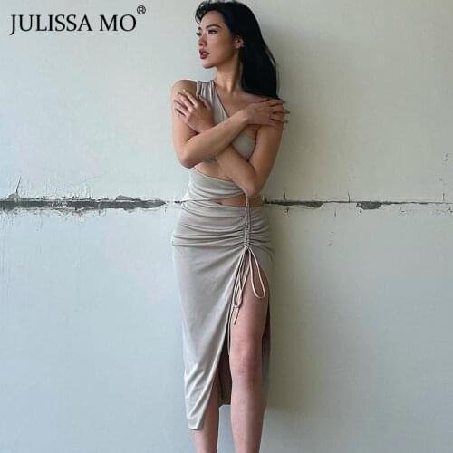 JULISSA MO New Sleeveless Slant Shoulder Maxi Dresses Women Summer Solid Drawstring Split Dress Ladies Elegant Partywear Vestido