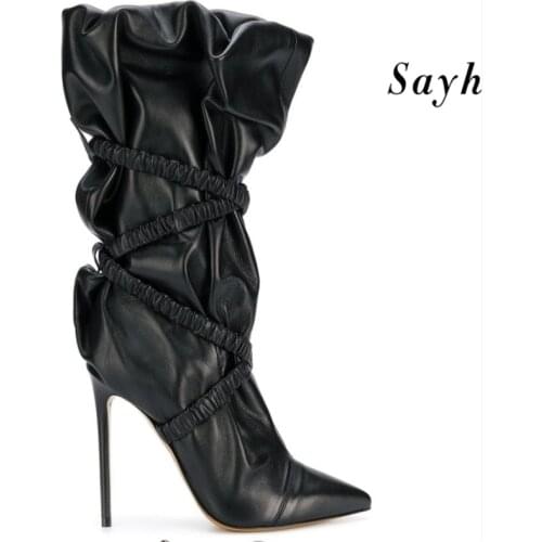 2020 Winter Mid Calf Boots Leather Riding Boots High Heels Pumps Pleated Bandage Elastic Stilettos Autumn Shoes Size Plus