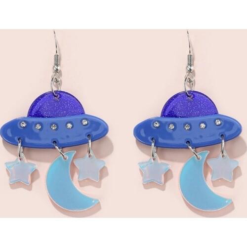 2021 Trend Cool UFO Blue Star Moon Earrings for Women Unusual Hanging Woman Earring Statement Funny Creative Earrings Jewelry