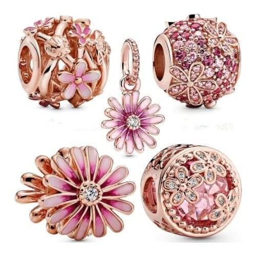 Authentic 925 Sterling Silver Pink Shaded Enamel Daisy Flower Pendant Charm Bead Fit Women Pandora Bracelet & Necklace Jewelry