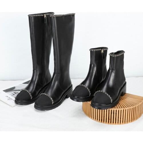 Side Zip Ankle Boots, Black, 9.5 US / 41 EU Soft Calfskin Leather Spring Fall Booties Womens Chain Decorative Designer Shoes