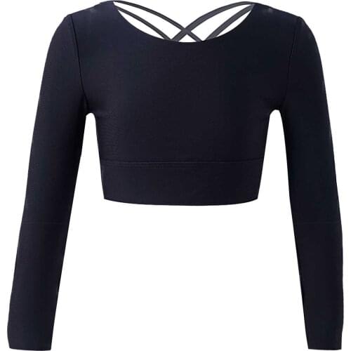 Kids Girls Pure Color Round Neck Long Sleeves Criss Cross Open Back Crop Sport Tops for Active Workout Gym Dance Sports Shirts