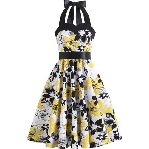 Hepburn Peach Collar Halter Women Summer Dress VD1758 White and Yellow Sexy Halter Pin Up 50s 60s Cotton Vintage Dresses