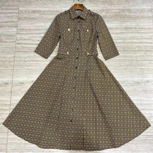 Cotton Shirt 100% 2021 Spring Summer Runway Fashion Short Sleeve Lebal Plaid Print Belt Office Midi Dress