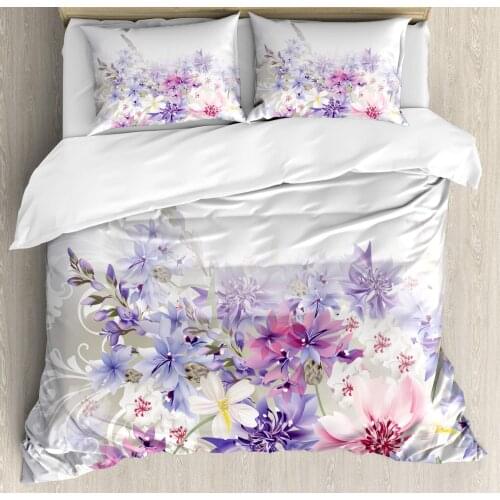 Lavender Duvet Cover Set Pastel Cornflowers Bridal Classic Design Gentle Floral Wedding Design Print Decorative 3 Piece Bedding