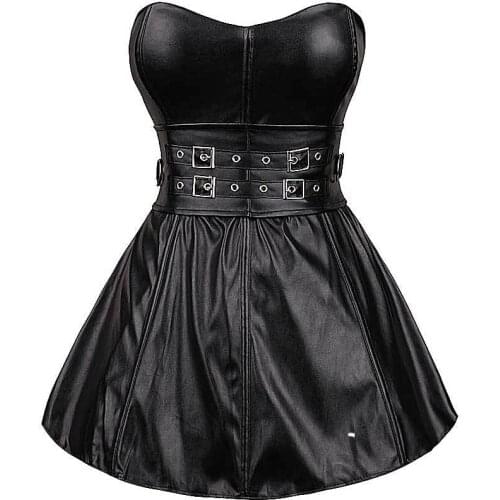 Faux Leather Strapless Corset Black Clubwear Sexy Bustier Dress Outerwear Buckled Body Shaper Pole Dancing Party Mini Skirt