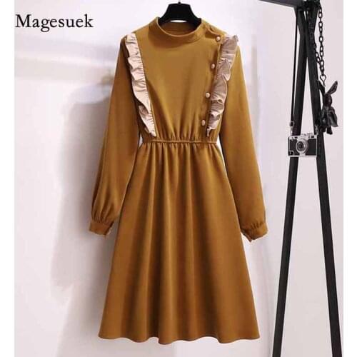 Autumn 2020 Gentle Ruffled Women Long Dress Slimming Draped Dress Fashion Elegant A-Line Solid Elastic Waist Female Dress 12020
