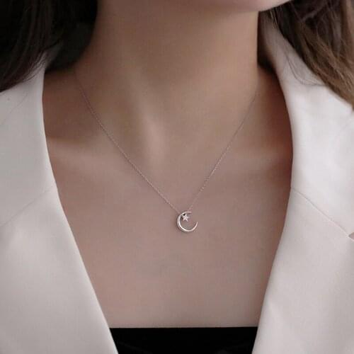 Moon Star 925 Sterling Silver Necklace Fashion Simple Sparkling Clavicle Chain Woman Wedding Jewelry Party Birthday Gift