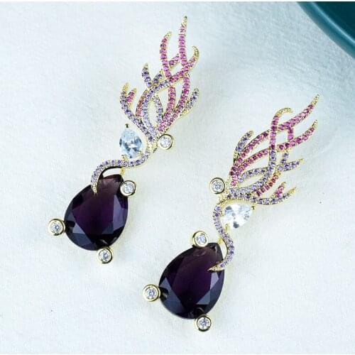 Fashion hot brand Pure 925 sterling silver colored wing jewelry, designed for womens luxurious purple drop banquet earrings