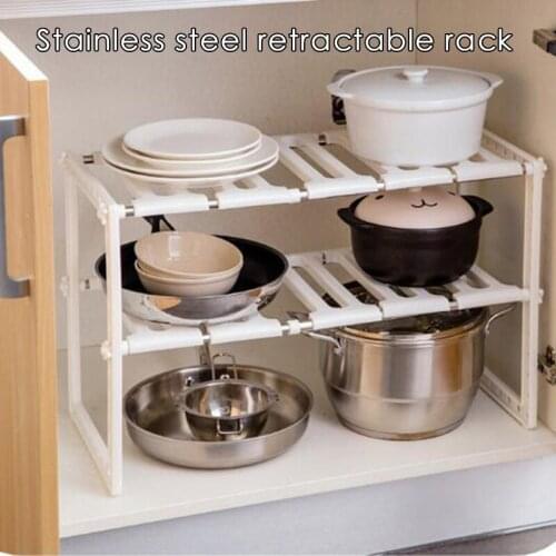 Stainless Steel Floor Type Holder Kitchen Storage Shelf Rack Adjustable Extendable Double Layer Dishes Rack Storage Holder Shelf