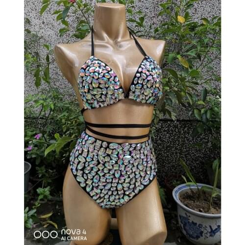 New Samba Carnival Bikini Set Bra High Waist Pants black AB Color Stone Hand Made 2 Piece dance wear