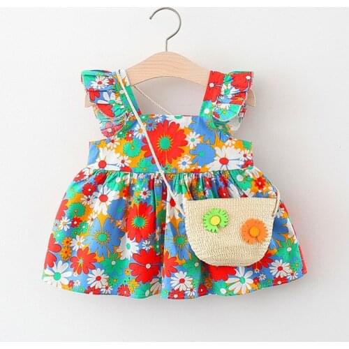 Baby Girl Dresses With Bag For 3M-4T Summer Princess Sleeveless Dress Flower Printing Holiday Style For Girls Toddler Clothes