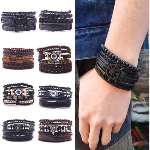 1Set 3/4Pcs Braided Leather Bracelets for Men Women Vintage Wooden Beads Ethnic Tribal Wristbands Bracelet Rudder Many Styles