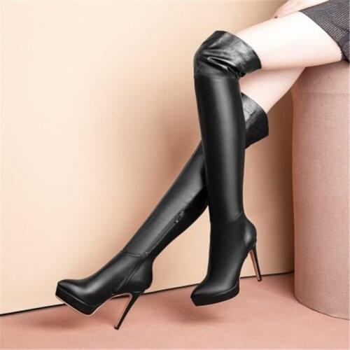 PXELENA Plus Size 34-43 Ladies Party Dress Date Office Over The Knee Boots Zip Stiletto Heels Thigh High Boots Black White Brown