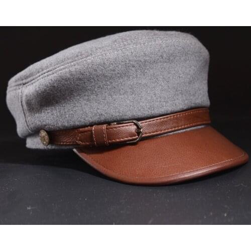 RY0909 Unisex Real Leather Woollen Berets Men/Women Cowhide Belt Blue Hats Students Navy Style Bob Hip-hop Baseball Caps Gorro