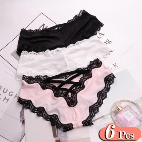 6Pcs/Lot Hollow Out Silk Sexy Panties Sex Women Lace Underwear Thongs Set Female Lingerie Crotch Cotton Briefs Thong Set String