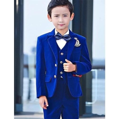 Royal Blue Velvet Kids Formal Wear Suit Children Attire Wedding Blazer Boy Birthday Party Business Suit 3 Piece Jacket Pant Vest