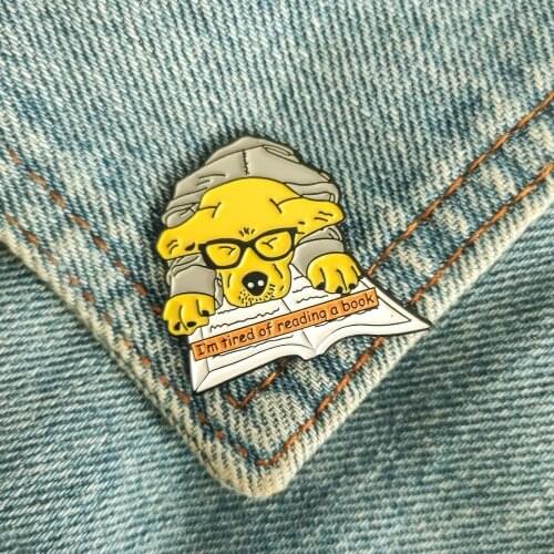XEDZ glasses yellow dog metal enamel pin tired tired reading animal badge brooch fun fashion lapel backpack jewelry gift