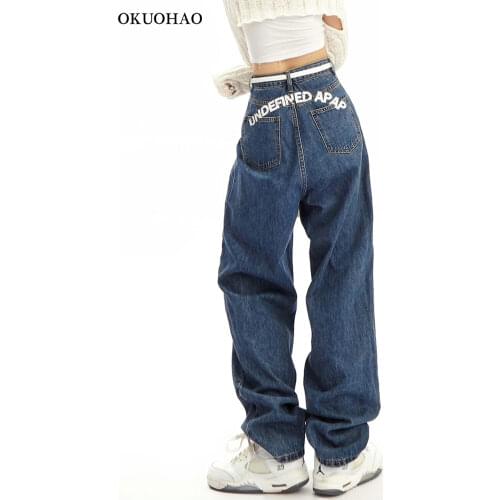 Okuohao Wide Leg Jeans Women Printed Streetwear Denim Pants High Waist Loose Wash Blue Mom Jeans Fashion Straight Casual Trouser