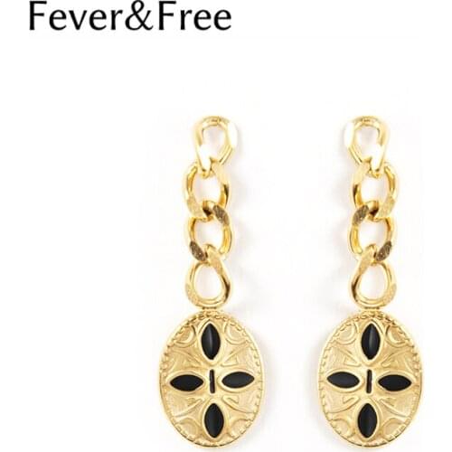 Fever&Free Vintage Gold Drop Earrings For Women Stainless Steel Black Green Oval Hollow Out Hanging Earrings Female Jewelry Gift