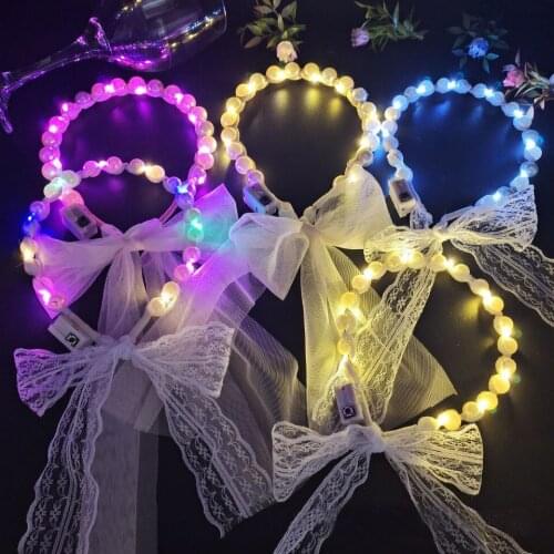 1pcs Lace Ribbon Veil Luminous Hair Band Fairy Lights Light up Headband Female Tie Pearl Headdress Glow Wedding Party Christmas