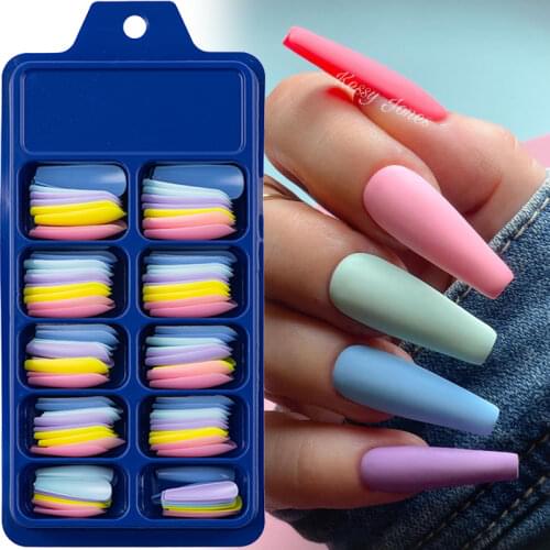 100Pcs Mixed Color False Nail Full Cover Press on Long Coffin Acrylic Matte Fake Nail Art Tips Extension DIY Manicure Tools