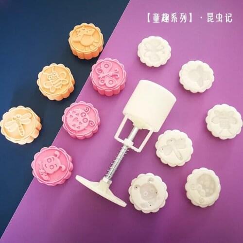 50g round shape insect design Mooncake mung bean cake Molds mould with 6 Stamps plastic hand pressure , 50sets/lot
