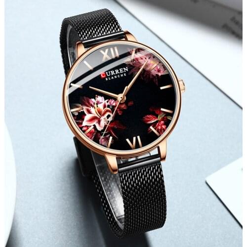 CURREN Women Quartz Watches Elegant Charming Wristwatch for Ladies Stianless Steel Mesh Band Flower Clock Female